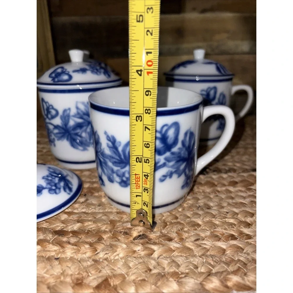4 Williams Sonoma Flow Blue White Floral Coffee Tea Cup Mug Lids Dishwasher Safe